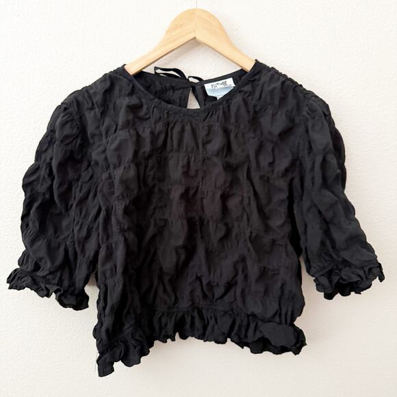FUTURE COLLECTIVE x BLUTSTEIN | Elbow Sleeve Ruffle Textured Top Black | Large - Picture 3 of 6